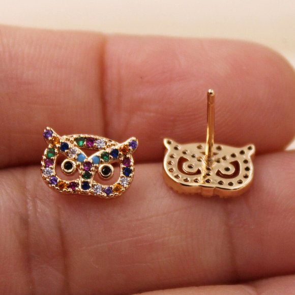 18K Yellow Gold Filled Owl Multi Color Diamond Zircon Stud Earrings Gift - Picture 2 of 8